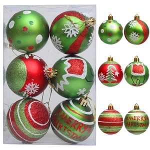 Set of 6 green and red Christmas balls with glitter patterns and Merry Christmas text