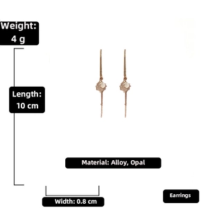 Detailed size and material specs for long metal opal drop earrings with 10cm length