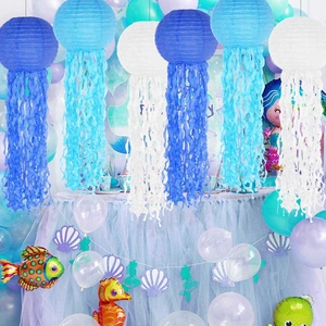 Detailed view of colorful jellyfish paper lanterns with tassels for ocean party decoration