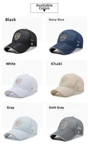 Summer mesh baseball caps in six colors showing breathable fabric and shield embroidery