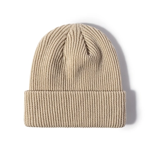Classic khaki knit beanie hat with cuffed brim for autumn and winter warmth