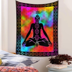 Bohemian Seven Chakra meditation tapestry with rainbow nebula background for wall decor