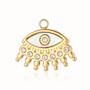 Detailed golden evil eye pendant with sparkling rhinestones and white mother of pearl