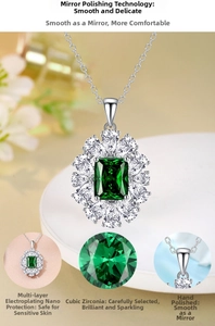 Detail view of S925 silver necklace with emerald-green zirconia and cubic zirconia petals