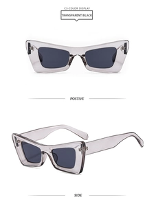 Detailed front and side view of transparent grey cat-eye sunglasses with dark lenses