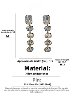 Detail showing dimensions 7.5cm by 1.5cm of long rhinestone earrings with silver posts