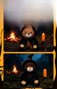 Close-up of Halloween teddy bear plush with wizard hat and pumpkin cape in forest scene