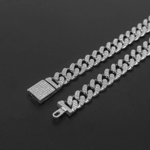 12mm silver iced out Cuban link chain necklace with sparkling rhinestones and box clasp