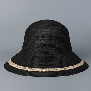 Detailed close-up of woven raffia texture and beige band on a black sun hat