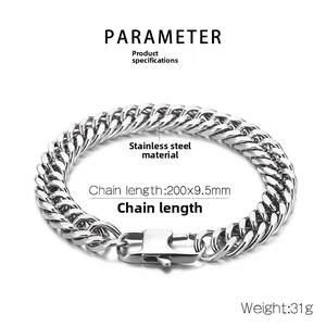 Detail view of 9.5mm wide silver stainless steel Cuban link bracelet with press buckle