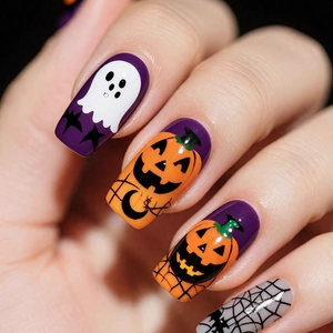 Halloween Kunstnägel zum Aufkleben mit Kürbis Geist und Spinnennetz auf langen eckigen Nägeln