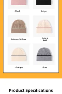 Grid display of thick ribbed knit beanies in pink, black, khaki, and grey color options