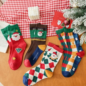 Christmas Socks Cotton Knit Mid Calf Santa Claus Argyle Cartoon Pattern Warm Holiday Festive Gift
