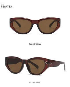Detailansicht der Schildpatt-Cat-Eye-Sonnenbrille mit Silbernieten und braunen Gläsern