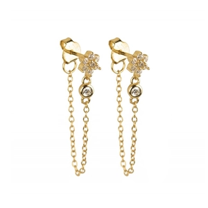 Elegant gold flower stud earrings with sparkling cubic zirconia and delicate tassel chains