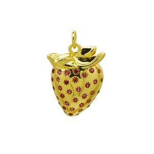 Close-up of golden strawberry pendant with inlaid pink gemstones and leaf detail
