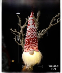 Macro view of glowing nose gnome hanging ornament with HO HO knit pattern and soft plush beard