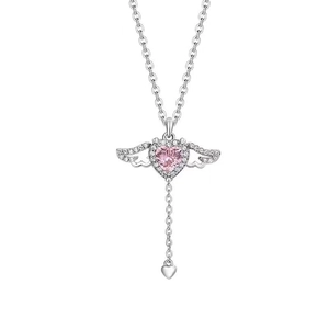 Collier cœur de Cupidon avec ailes en zircon rose et long pendentif gland argenté
