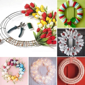 DIY metal flower wreath kit with floral wire and colorful tulips for festive decor