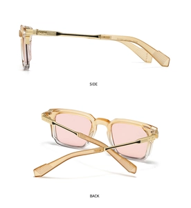 Detailed side and back view of retro square amber eyewear with metal industrial accents