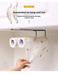 Under-cabinet black metal paper towel holder showing dual-rod storage and space-saving design