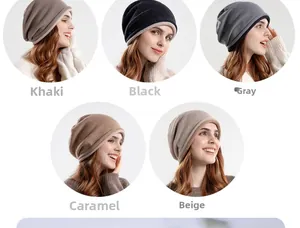 Detail view of double-layer knit beanies in khaki, black, gray, caramel, and beige colors