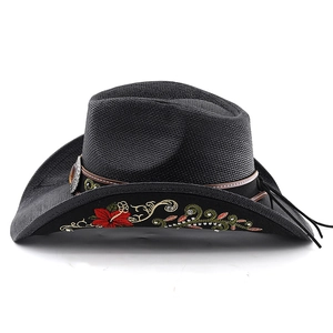 Detail of floral embroidery and rhinestone accents on a black cowboy straw hat