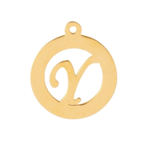 Golden round stainless steel pendant featuring a hollow cursive letter Y on white background