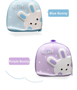 Detailed comparison of 3D bunny hardshell backpacks in light blue and lavender purple