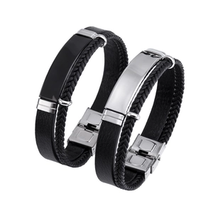 Double-layered braided leather bracelets with silver and black stainless steel plates