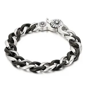 Bracelet Chaîne Pour Hommes Acier Inoxydable 316L Mailles Cubaines Bicolore Argent Noir Fermoir Gravé Rétro Punk Hip Hop Bijoux