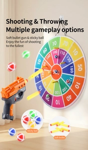 Detail view of colorful space-themed target board with soft dart gun and sticky balls