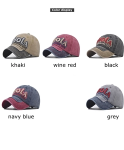Color display of vintage embroidered baseball caps in khaki, wine red, black, and navy