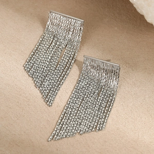 Modern stainless steel tassel chain earrings with multiple strands on a stone base