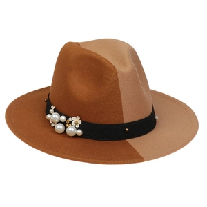 Detail of wool fedora hat with two-tone splicing and decorative pearls and flowers