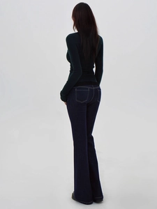 Women's vintage low waist slim fit dark blue flare jeans with deep green long sleeve top