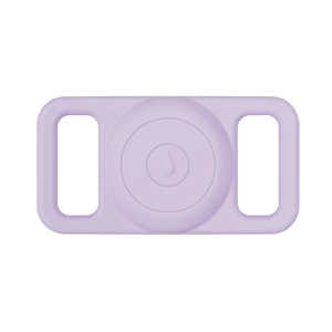 Close-up of a purple silicone waterproof holder for Apple AirTag pet collars and straps