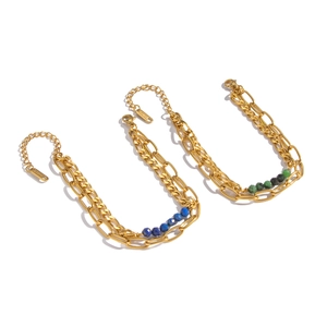 Vintage layered stainless steel bracelet with blue lapis beads in 18K gold finish