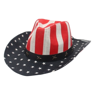 Detailed close-up of woven stars and stripes denim cowboy hat with metallic star accents