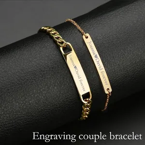Customized gold titanium steel couple bracelets with engraved name plates for lovers