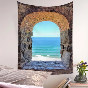 Detail showing Mediterranean sea view tapestry with arch window design on bedroom wall