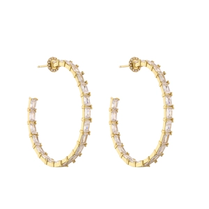 Elegant gold hoop earrings with baguette-cut cubic zirconia in a circular design