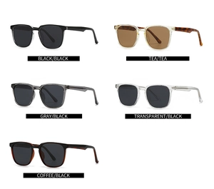 Comparaison de cinq lunettes de soleil polarisées en différentes couleurs sur fond blanc