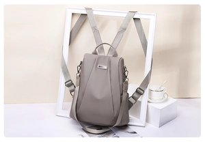 Rear view of grey Oxford fabric backpack with anti-theft zipper and water-resistant finish