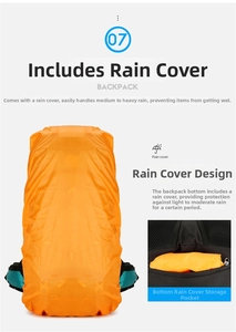 Detailed view of high-visibility orange rain cover for hiking backpack with storage pouch