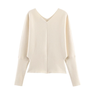 Minimalist beige V-neck knit sweater with elegant batwing sleeves on a plain white background