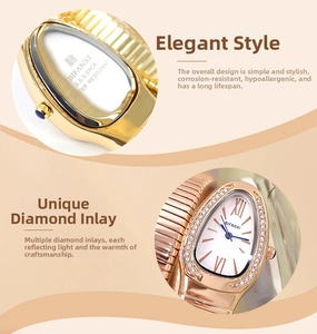 Detail of snake-head quartz watch showing the crystal bezel and stainless steel case back