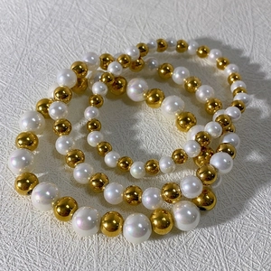 Beaded Bracelet 18K Gold Plated Stainless Steel Round Faux Shell Artificial Pearl Minimalist Niche Design Jewelry For Women