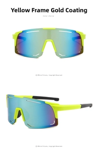 Detail of neon yellow cycling sunglasses with blue-green mirror coated lens