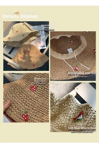 Detail of hand-woven straw hat showing strawberry embroidery and adjustable inner drawstring